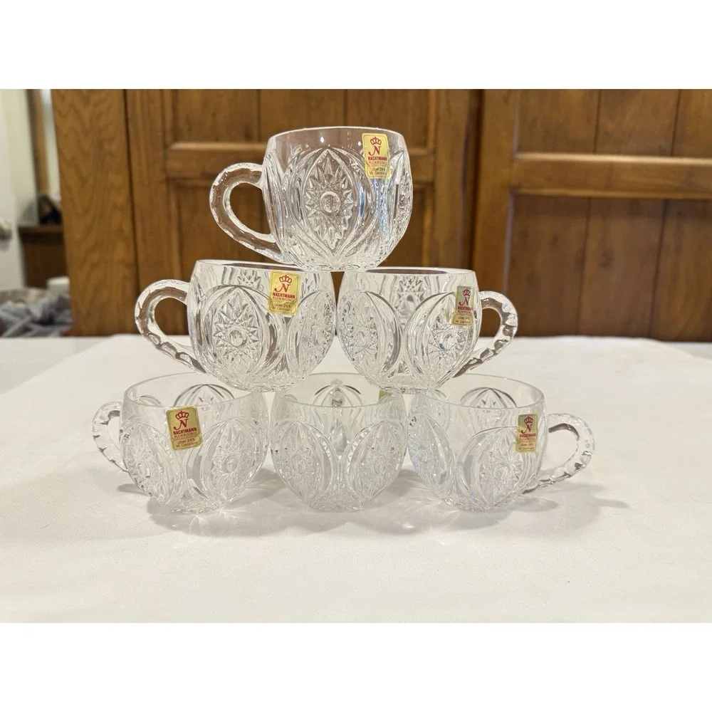 Vintage Barware Mid Century Crystal Pinwheel Etched Beer Mug Set W/ Original Box